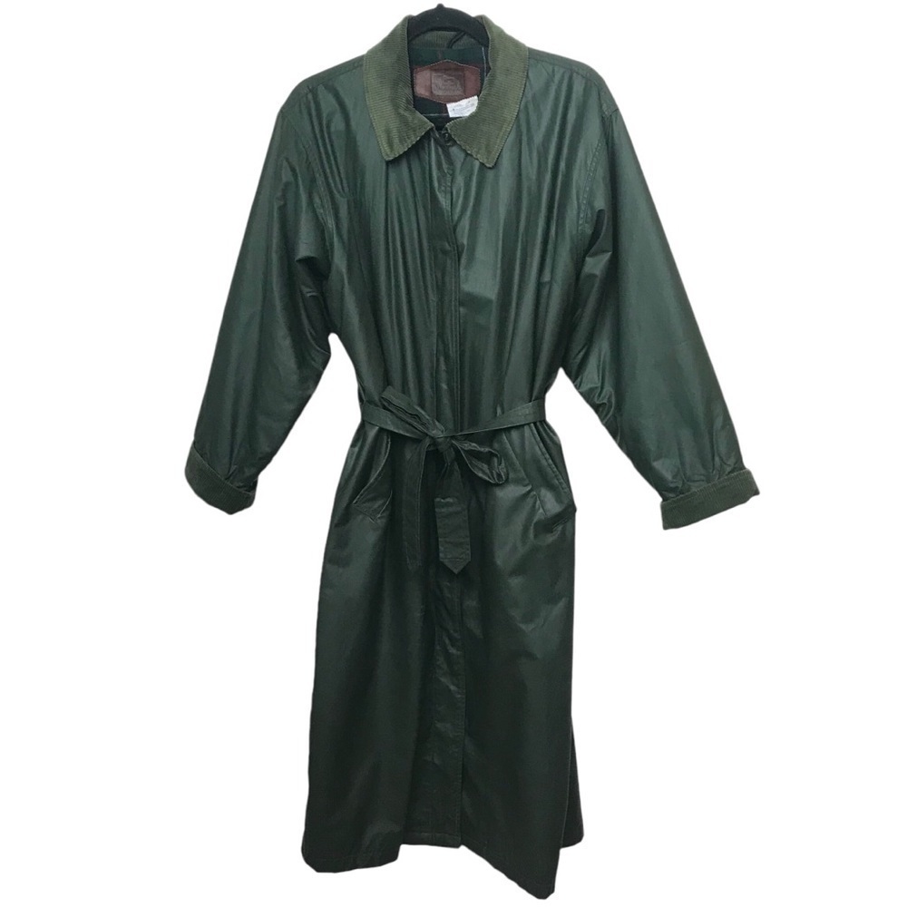 Vintage Woolrich Green Corduroy Trim Belted Trench Coat